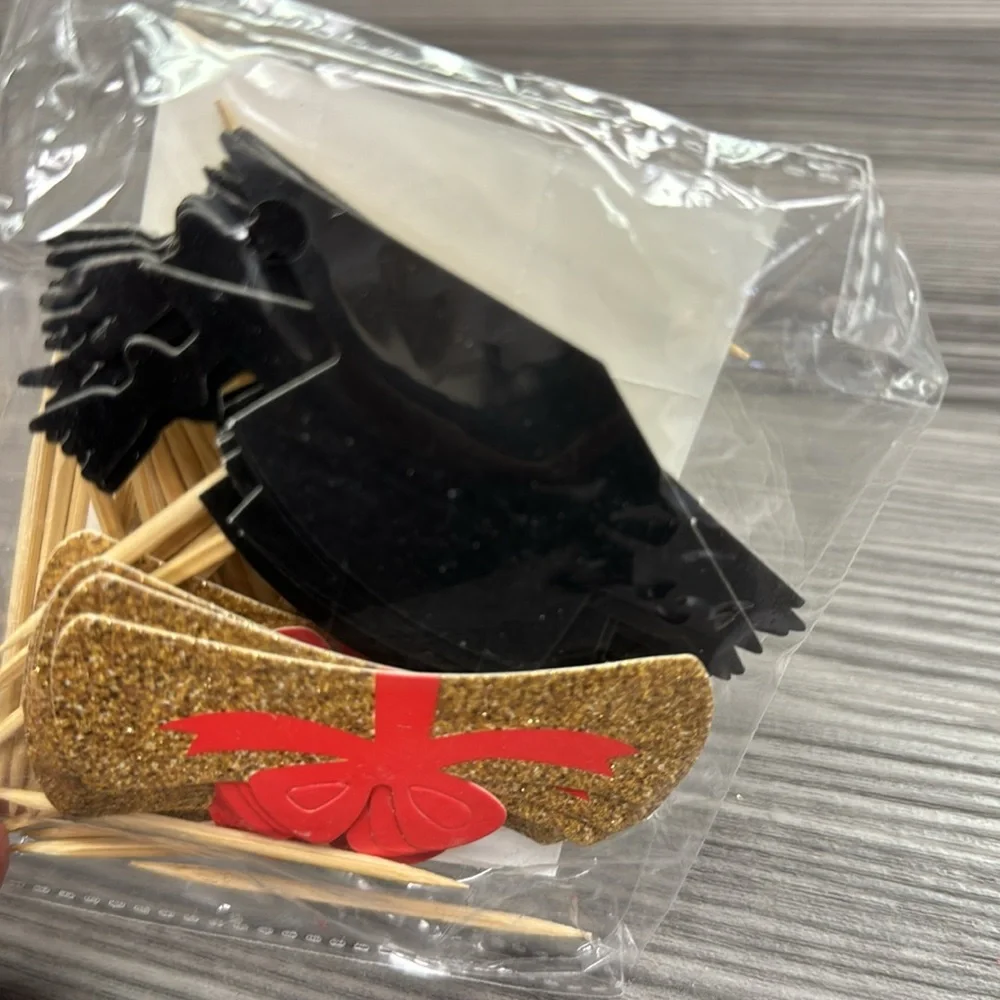 Graduation cap and certificate cupcake toppers glitter gold and red/black new